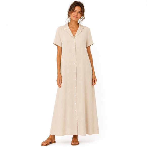 Laura Ashley Dresses & Skirts - Vintage Laura Ashley Linen Button Front Maxi Dress 12 Beige Minimalist Neutral